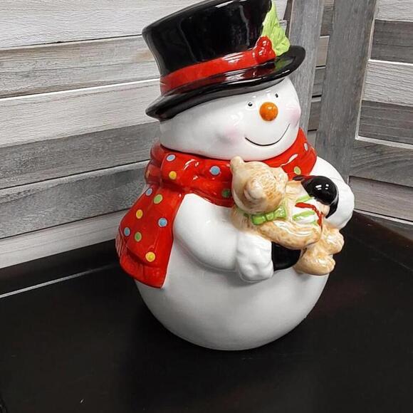 Cookie Jar Snowman & Teddy Bear Christmas Holiday 9" Tall | Sleigh Bell Bistro - Picture 4 of 10